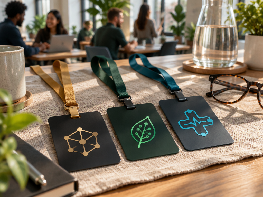 Three distinct startup company badges representing finance, health, and eco software on a sunlit co-working table