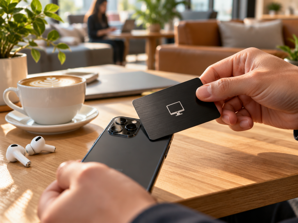 A hand holding a sleek black metal smart card with a laser-engraved computer logo emblem tapping a smartphone on a sunlit table