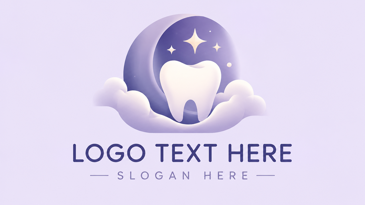 Calming sleep dentistry logo design template with crescent moon and tooth emblem on lavender background