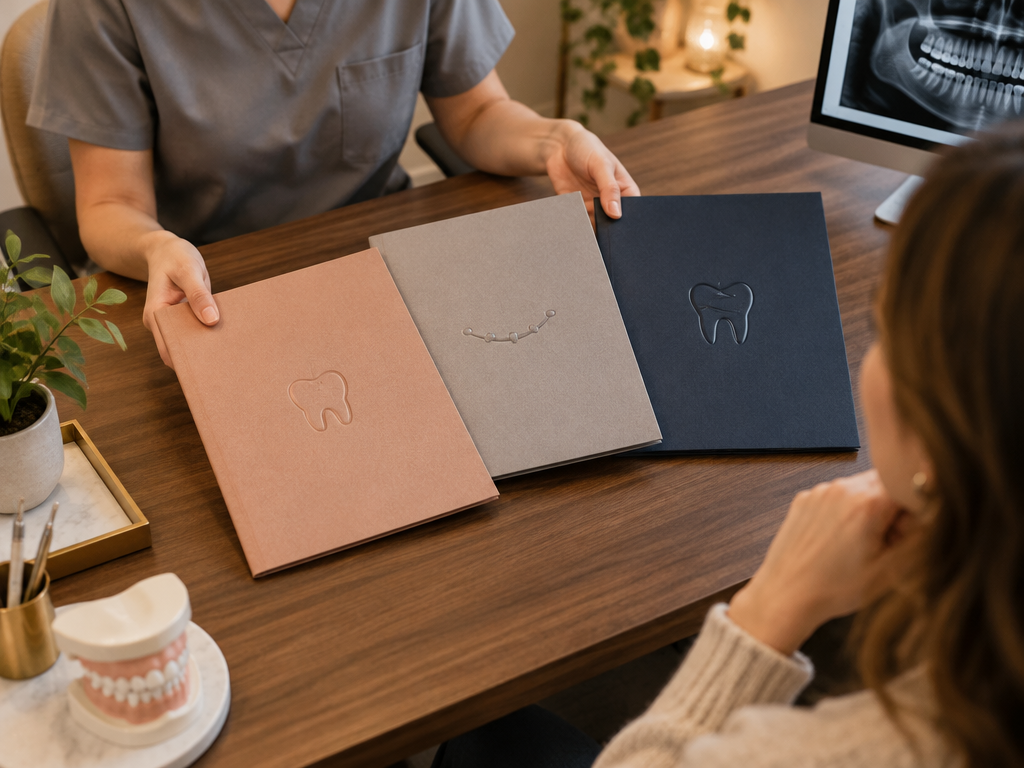 A dentist and patient hands over bespoke specialty consultation folders with distinct dental logo emblems on a walnut desk