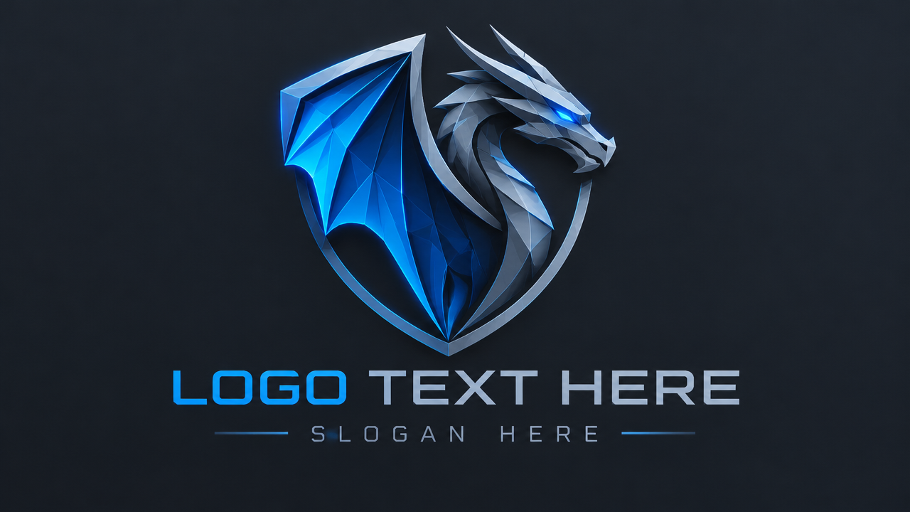 Futuristic geometric faceted dragon shield logo design template on dark slate background