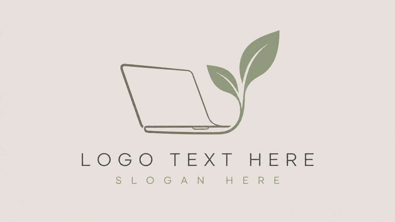 Eco-friendly green computing logo design template with leaf and laptop line art