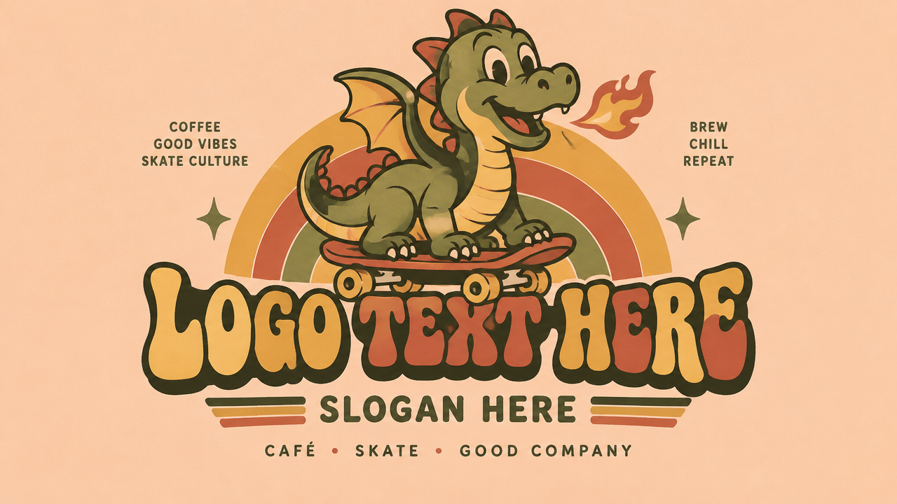 Playful retro 70s cartoon dragon mascot logo design template on warm peach card