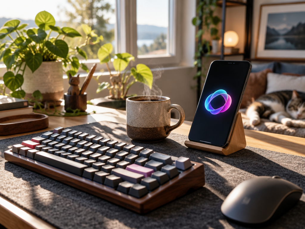 A modern developer desk with a mechanical keyboard and a phone stand displaying a vibrant geometric software logo emblem