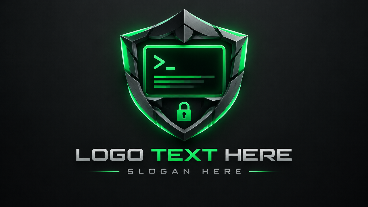 Cyber security computer logo design template with protective shield and terminal screen