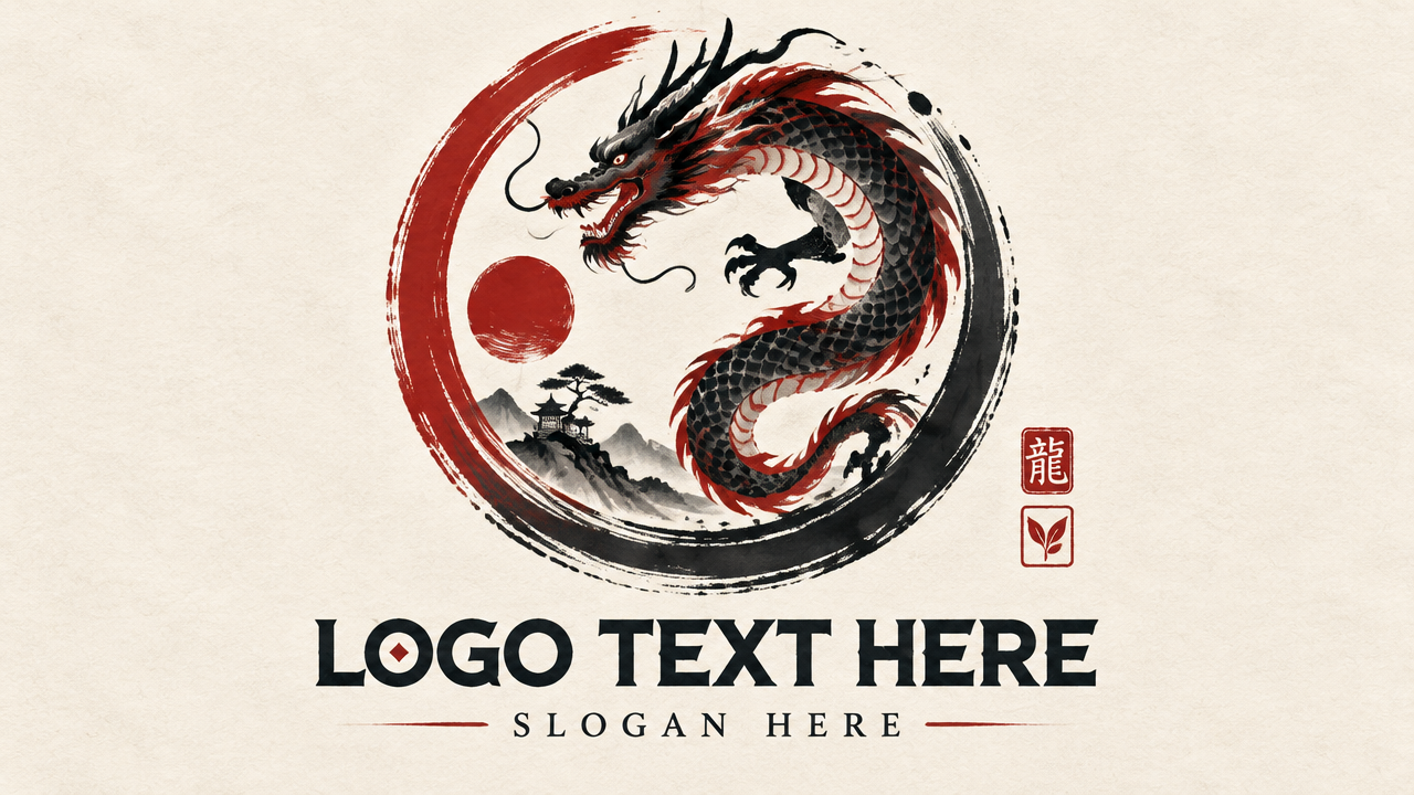 Traditional oriental circular brushstroke dragon logo design template in red and black