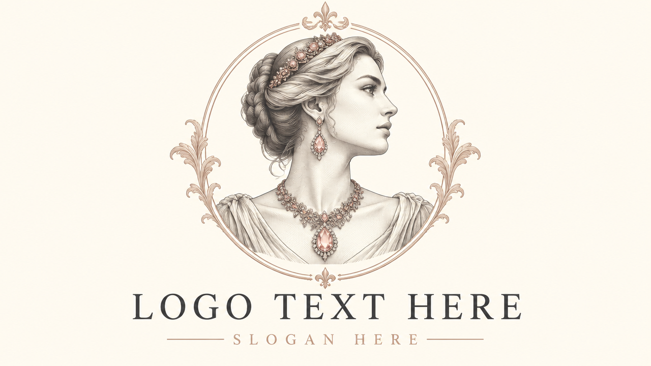 Elegant jewelry logo design featuring a vintage engraved woman bust wearing an ornate necklace on cream background