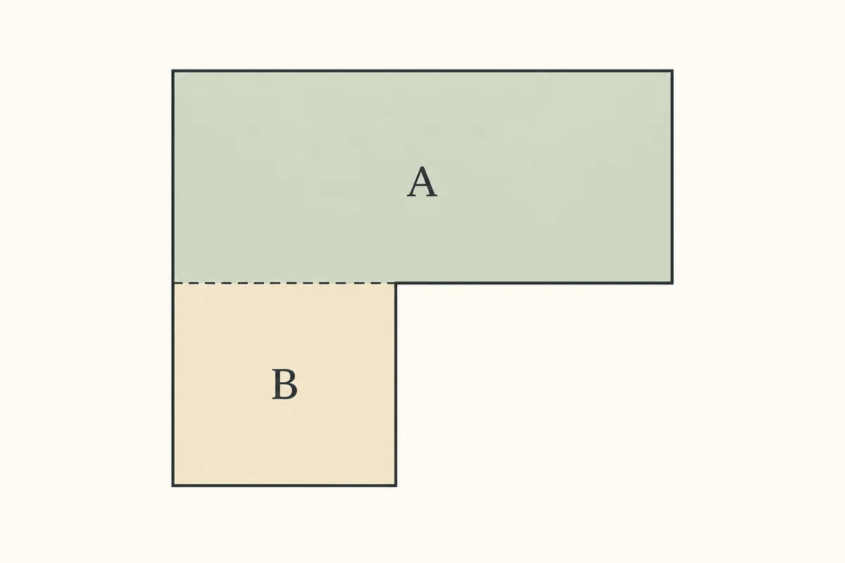 L-shaped floor divided by a dashed line into a large rectangle A and a smaller rectangle B, without overlap