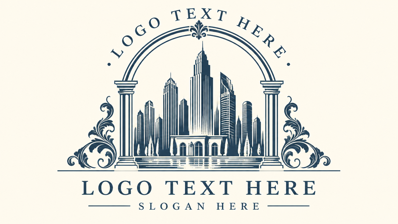 Classic architectural hotel logo design featuring skyscraper towers inside a classical semi-circle arch on ivory background