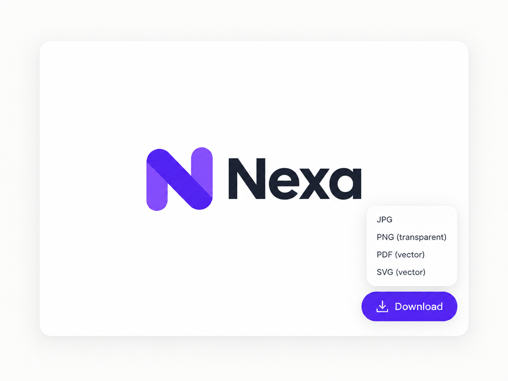 Minimalist logo design UI card featuring a purple download button and a multi-format export dropdown menu