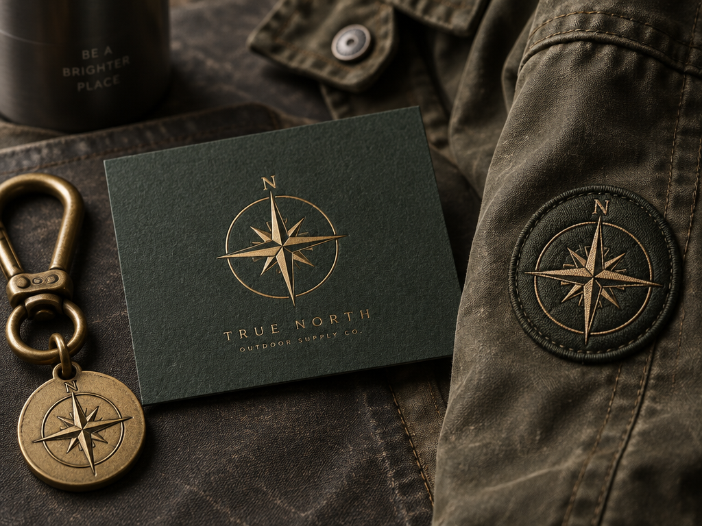 High-quality luxury brand merchandise featuring an embossed gold-foil north compass logo on stationery and canvas