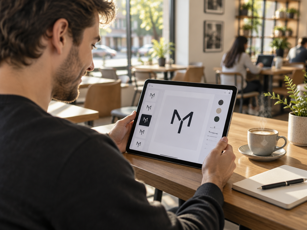 An entrepreneur effortlessly generating an MT monogram logo on a tablet at a sunlit cafe table