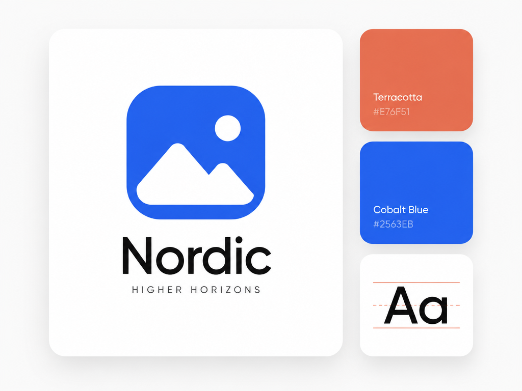 Minimalist logo design UI layout featuring a main logo card, color swatches, and typography baseline card