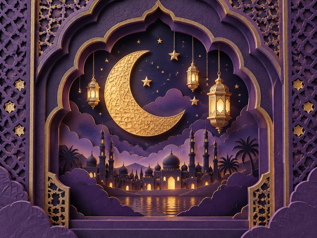 Professional Islamic corporate stationery mockup with letterhead clipboard, envelope, and badge displaying the Islam crescent logo