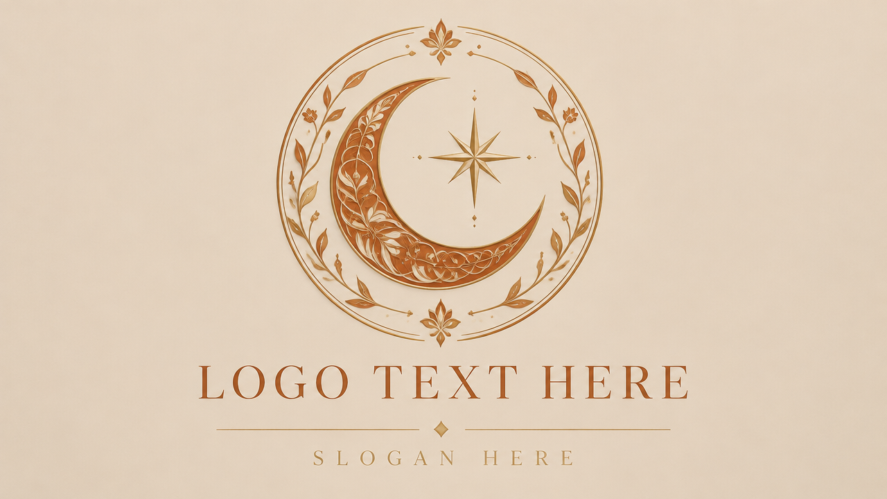 Luxury Islamic modest fashion logo design featuring an intricate arabesque floral pattern and crescent moon