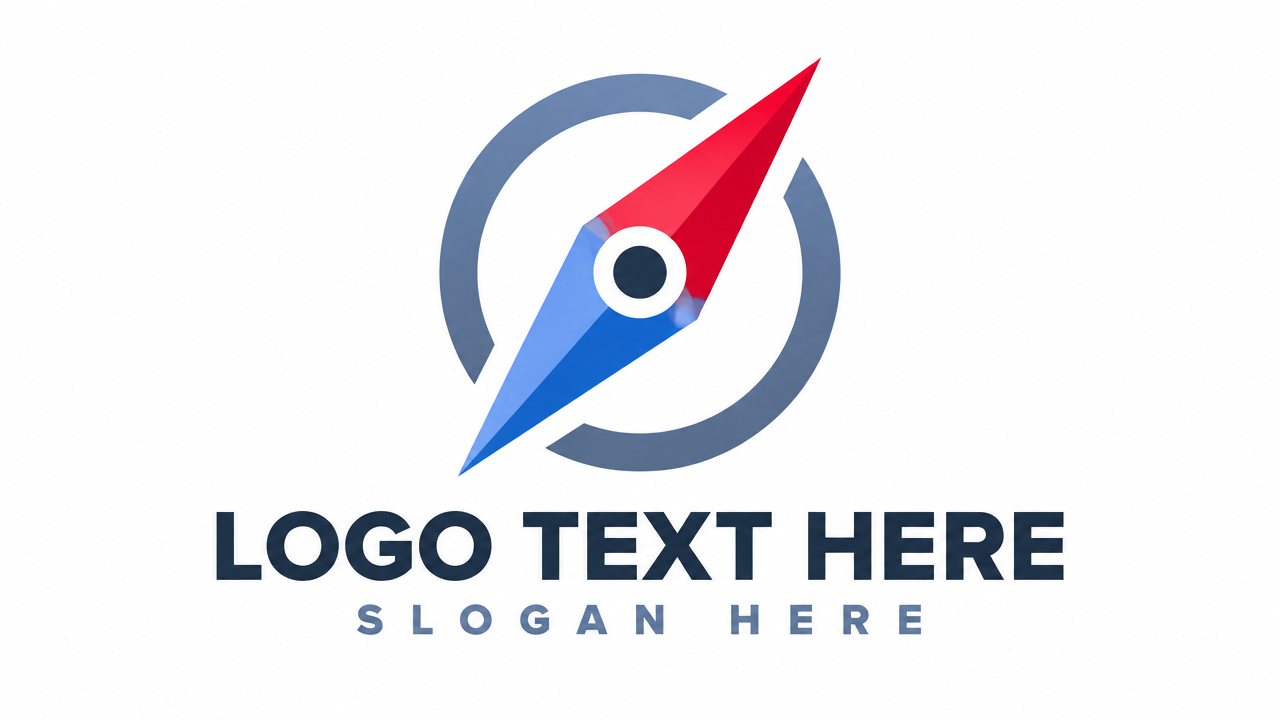 Clean modern navigation compass needle logo design with red and blue accents on white card