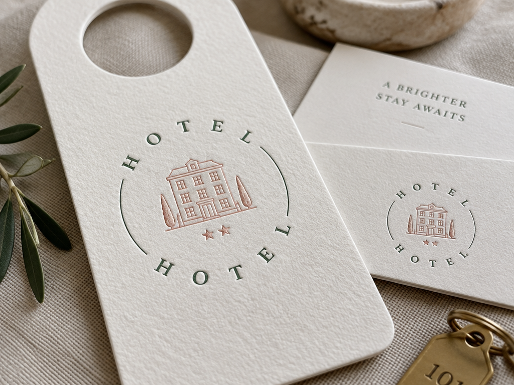 Boutique hotel logo mockup featuring a circular typography badge and pink line art building stamped on a luxury door hanger
