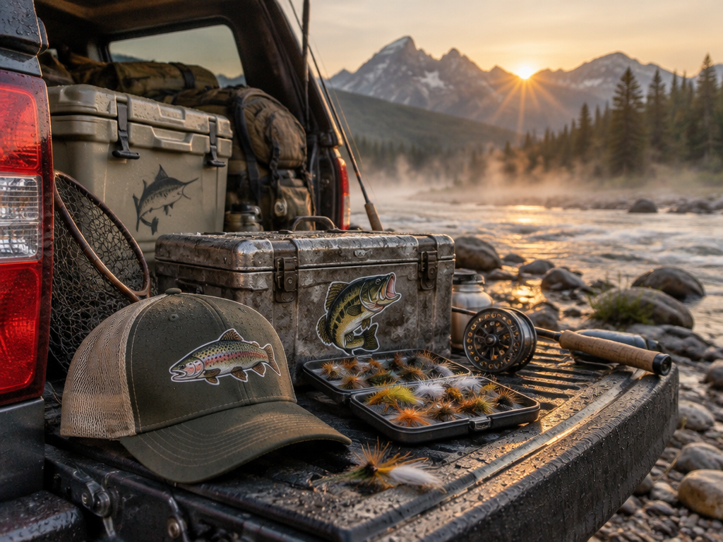 Outdoor fishing gear on a truck tailgate at sunrise featuring tailored fish logo patches and decals for various angling niches