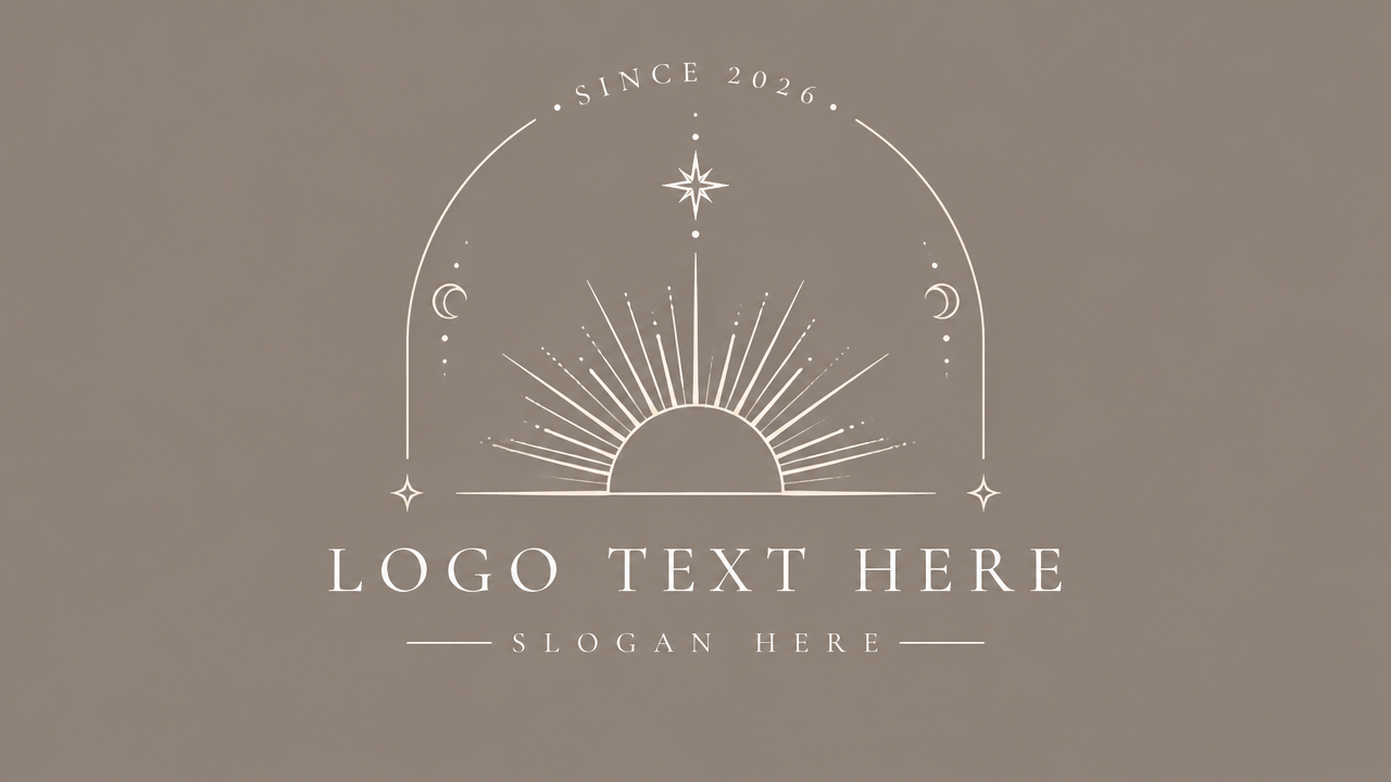 Modern celestial Instagram logo design featuring a minimal half-sunburst arch and sleek typography on taupe card