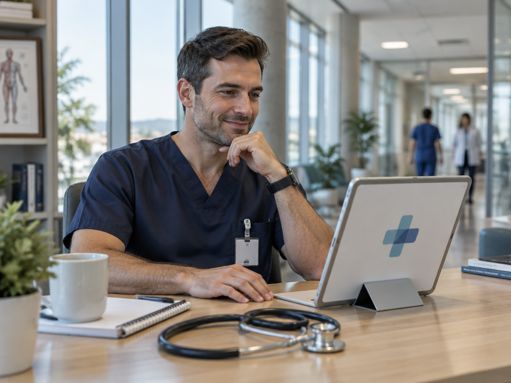 A doctor in medical scrubs effortlessly reviewing a professional hospital logo design on a tablet in a modern sunlit clinic office
