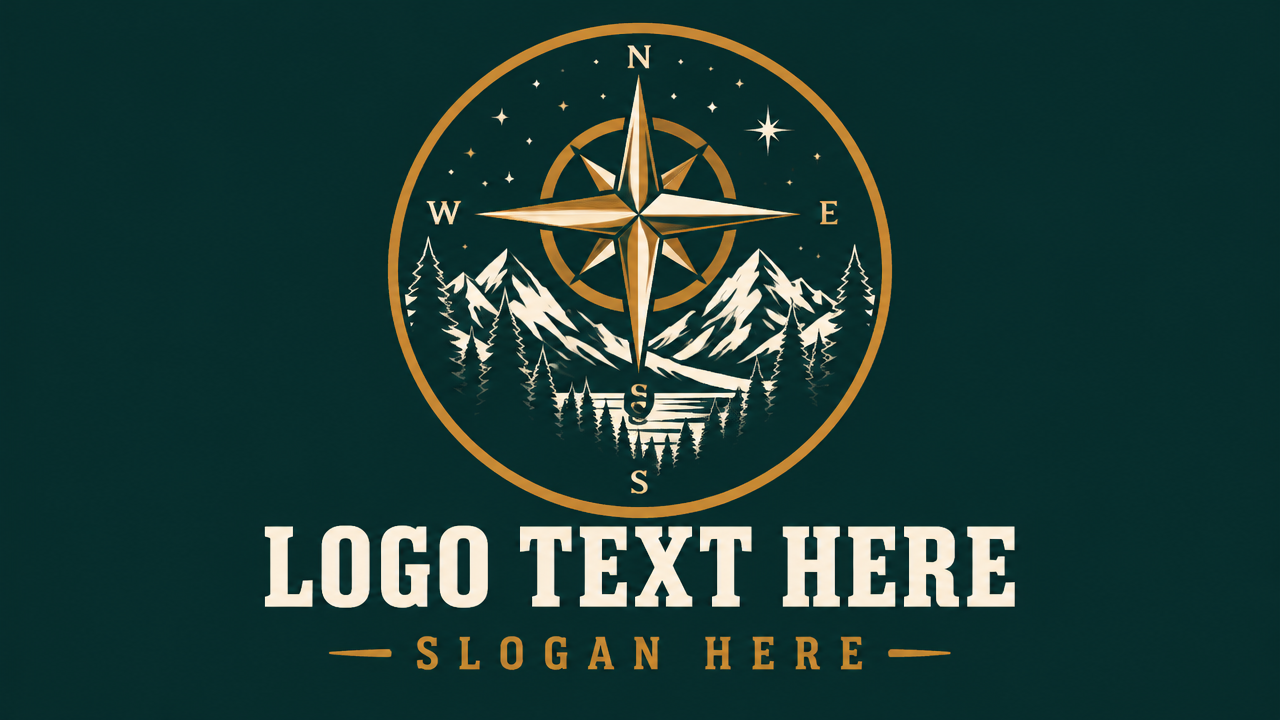 Rugged outdoor north logo badge with mountain peaks, pine trees, and a compass rose on dark teal card