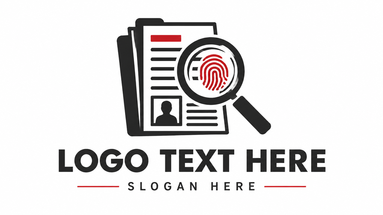 Minimalist investigative news logo design featuring a document with magnifying glass icon and red accent typography