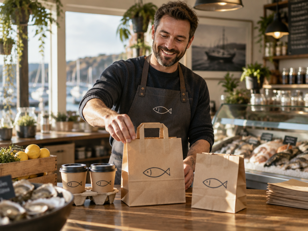 A proud artisan shop owner wearing a custom fish logo apron displaying branded kraft paper packaging in a rustic coastal cafe