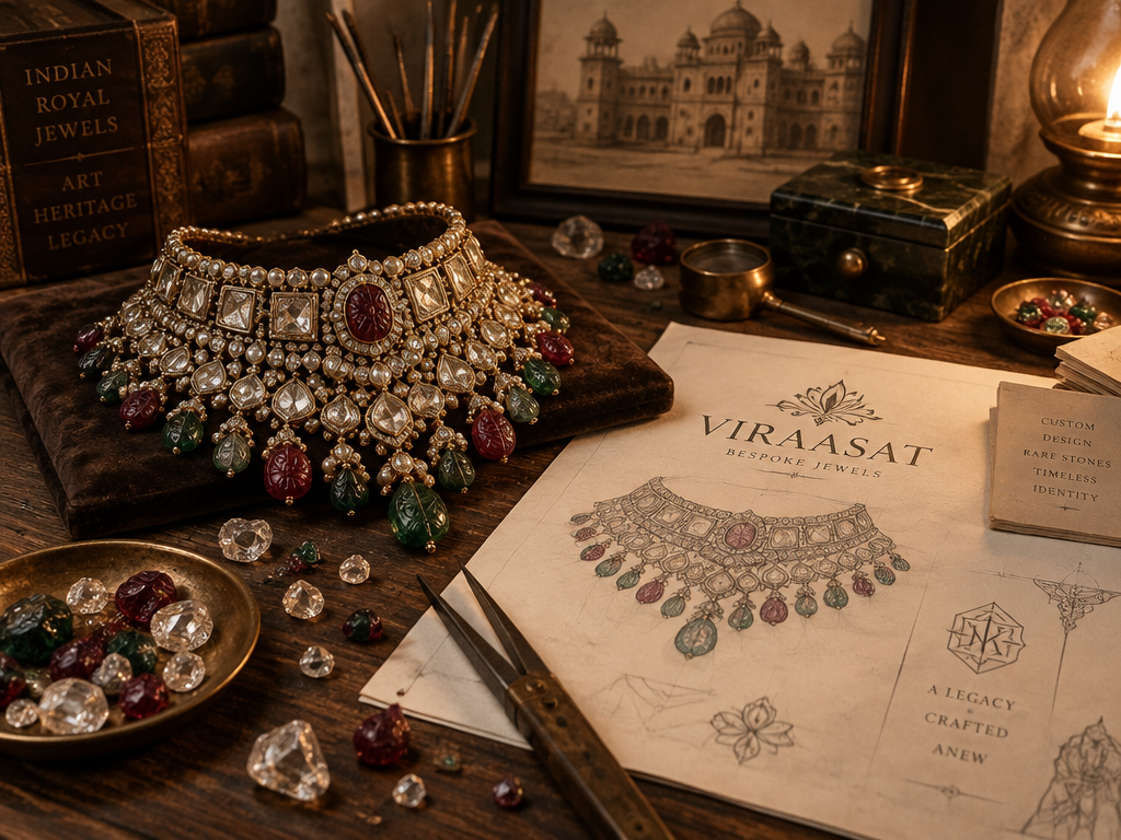 A handcrafted bespoke royal gemstone necklace laid beside custom jewelry logo design sketches on an antique atelier desk