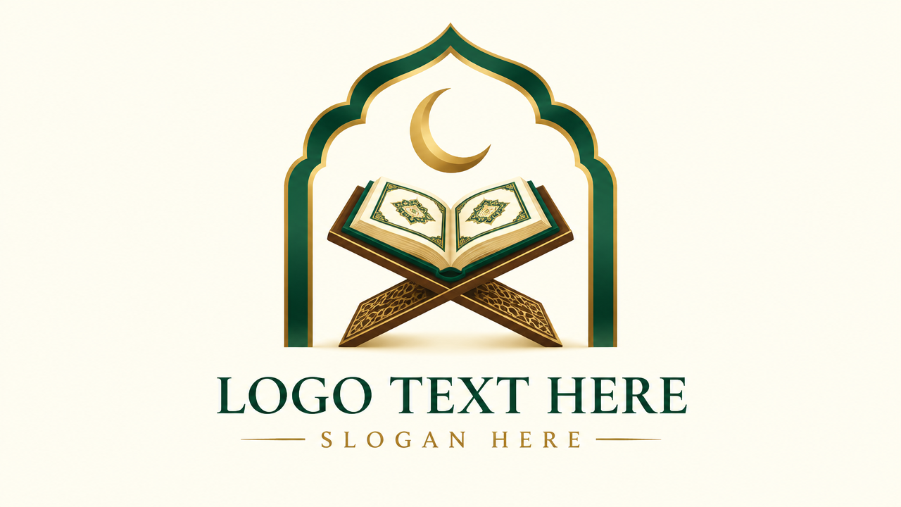 Islamic Quran academy logo design featuring an open holy book on a rihal stand inside a mosque archway
