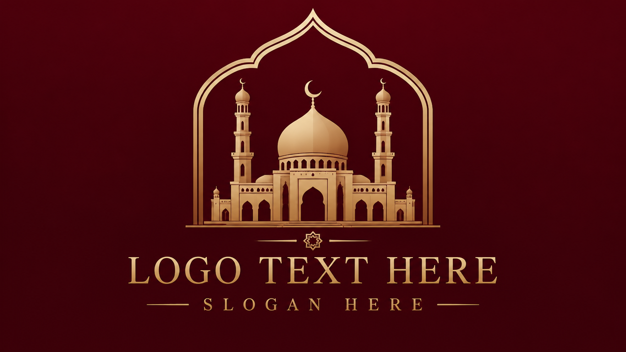 Traditional Islamic mosque dome and minaret logo design framed by an ornamental arch on burgundy background
