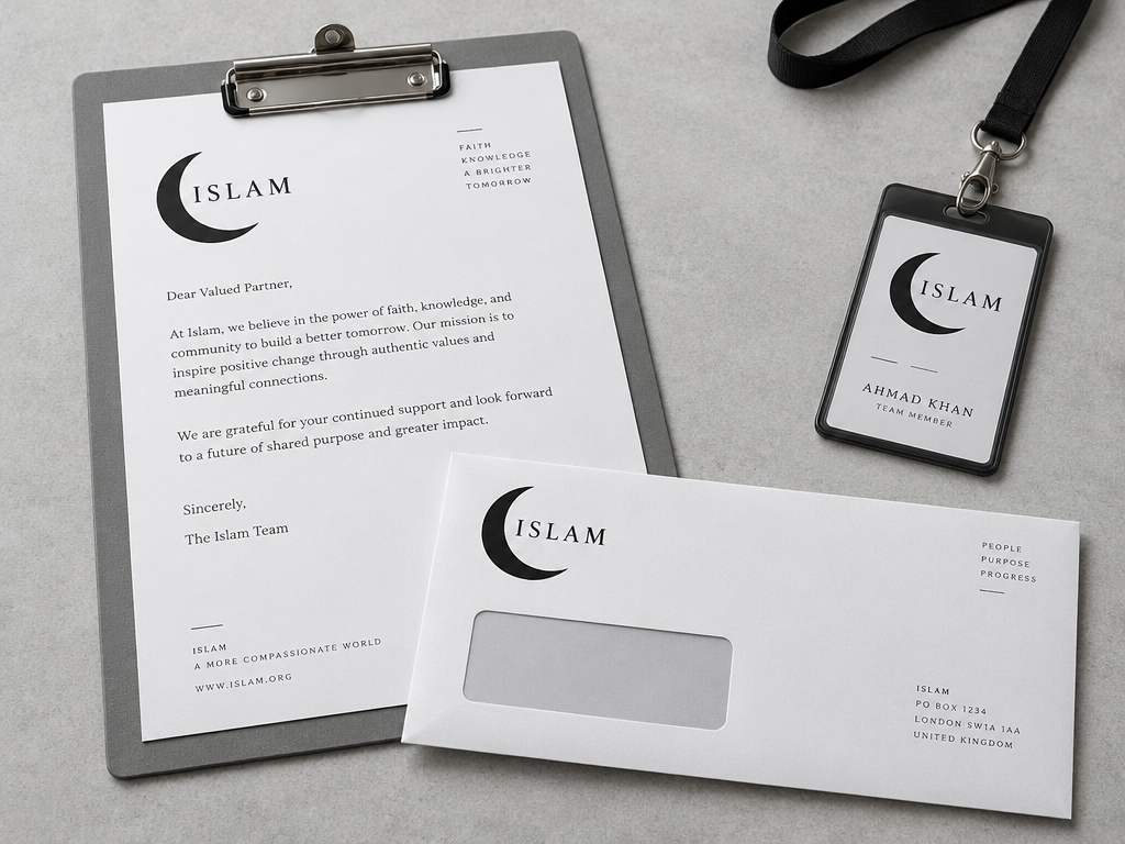 Professional Islamic corporate stationery mockup with letterhead clipboard, envelope, and badge displaying the Islam crescent logo
