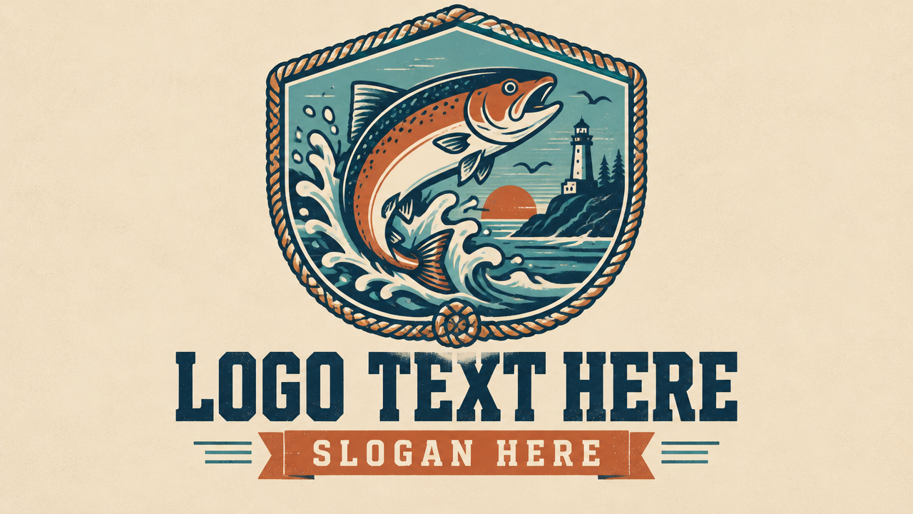 Retro coastal fish market shield logo design with bold typography and nautical colors