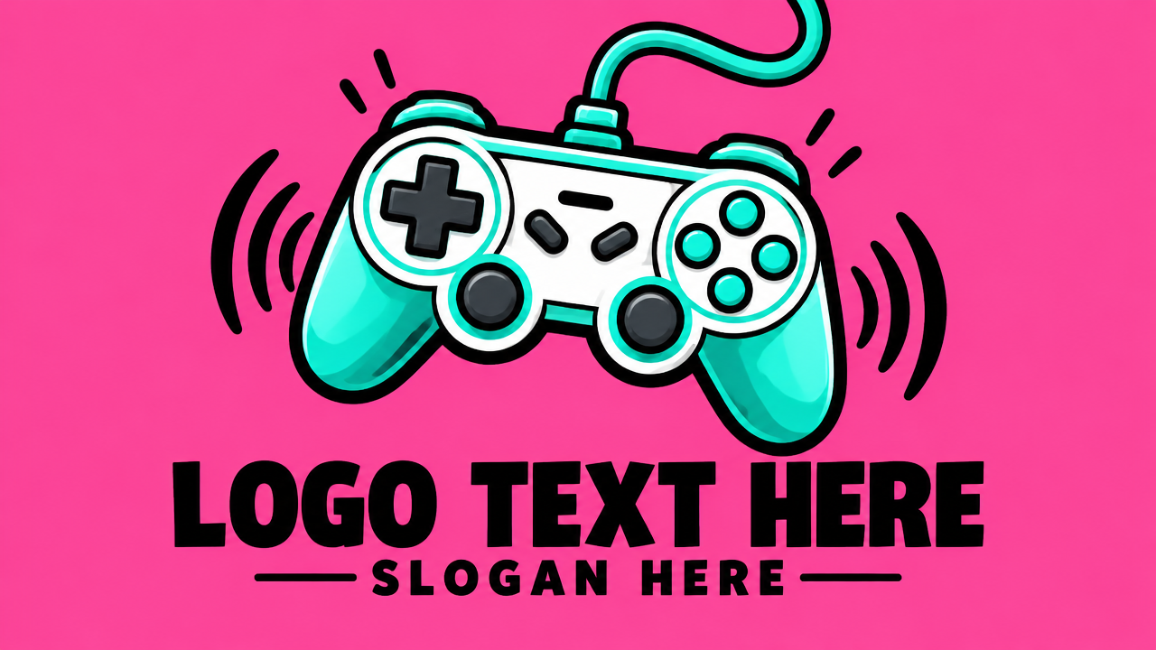 Playful retro cartoon gaming logo design with a vibrating mint gamepad and rumble lines on vibrant pink background