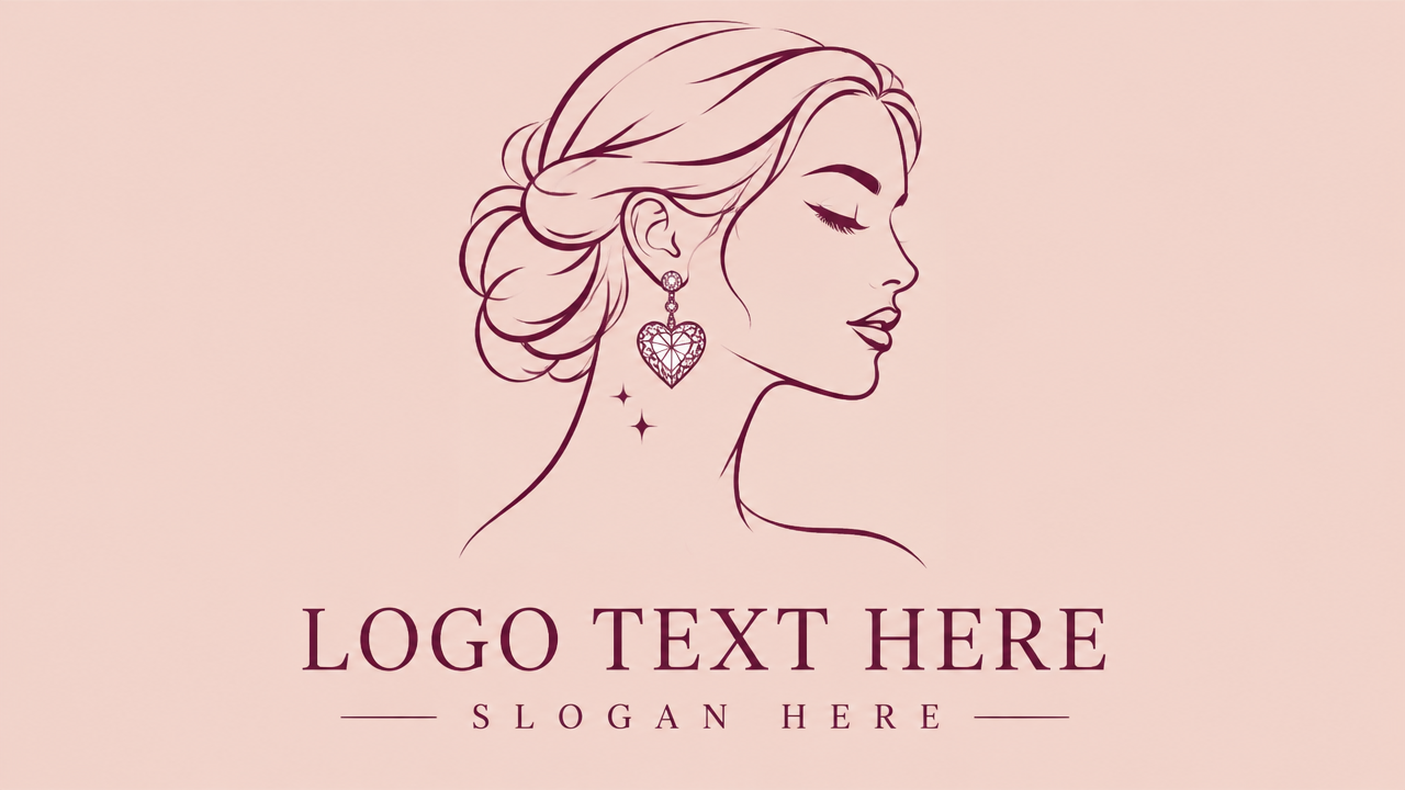 Aesthetic jewelry logo design featuring a minimalist woman profile with a geometric heart gemstone earring on blush card