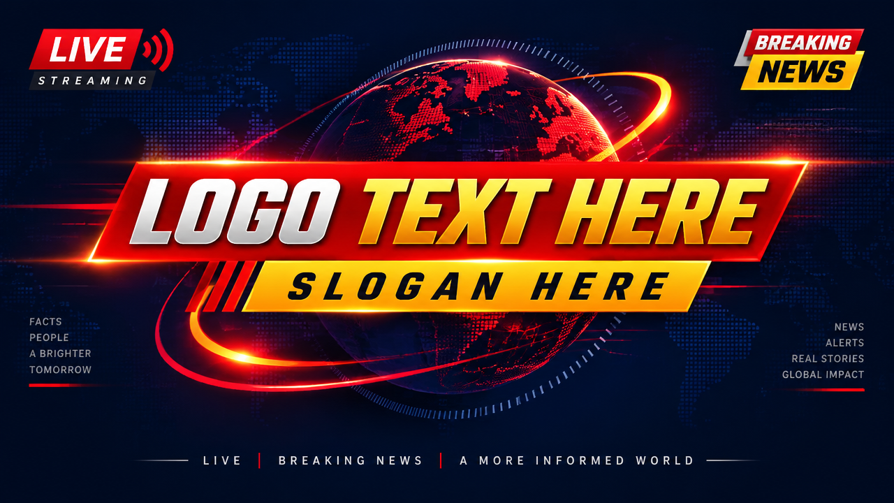 Dynamic breaking news ticker logo design featuring bold slanted banners and broadcast signal graphics