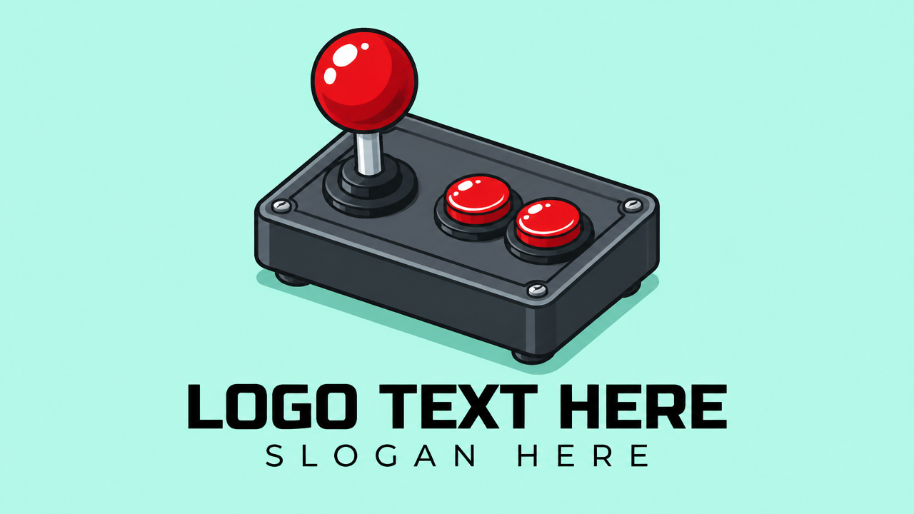 Minimalist isometric retro arcade joystick logo design with red ball-top lever on pale aqua card