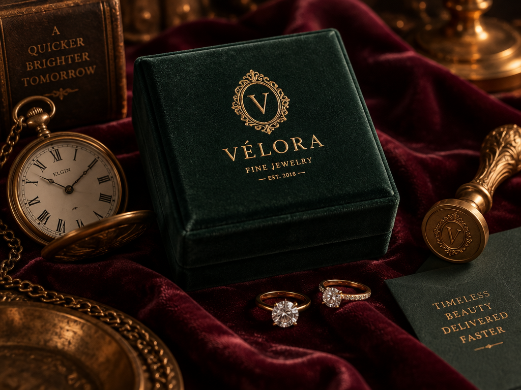 A newly gold-embossed luxury jewelry box next to an antique brass pocket watch symbolizing fast logo creation in minutes