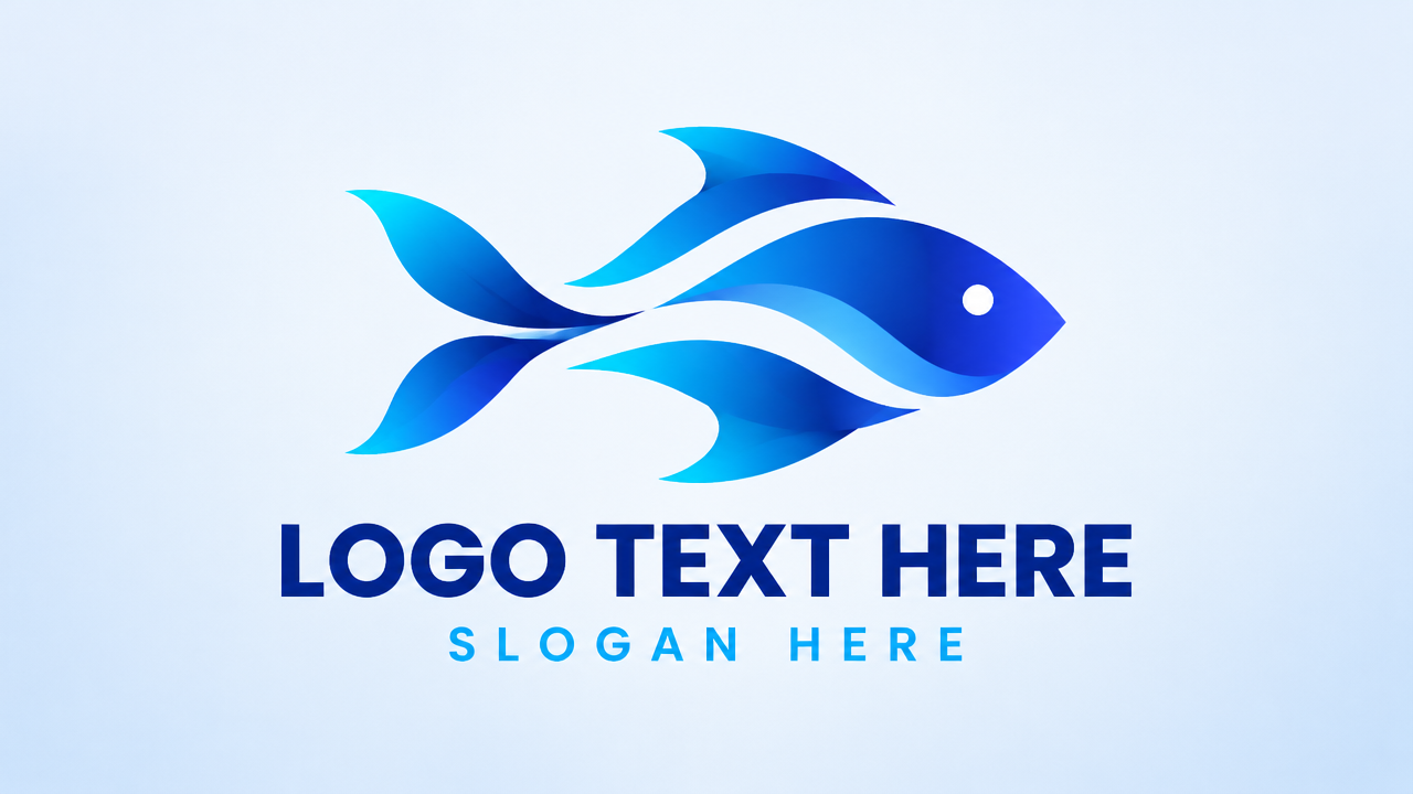 Sleek modern abstract fish logo design with vibrant blue gradient and clean sans-serif typography