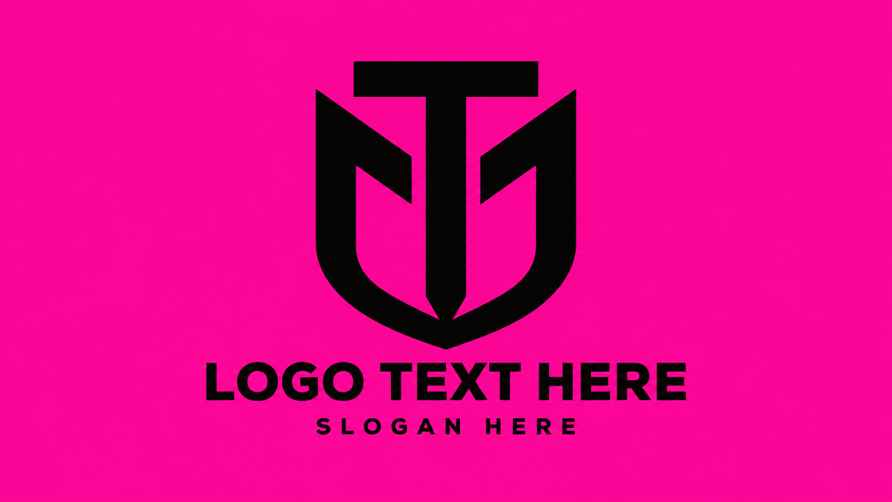 Modern bold MT lettermark logo design with geometric interlocking curves on vibrant magenta card