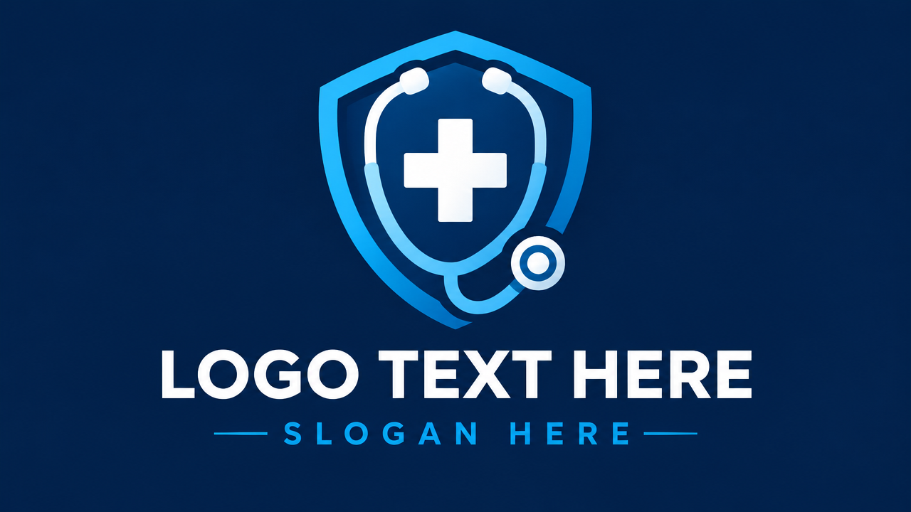 Trustworthy hospital shield logo design integrated with a modern stethoscope and cross on dark background