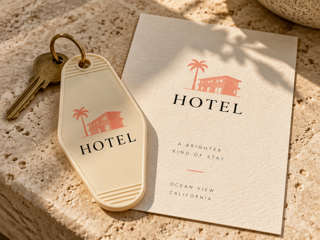 Real-world hotel logo mockup featuring black serif typography and a coral palm tree motel icon printed on a vintage key tag