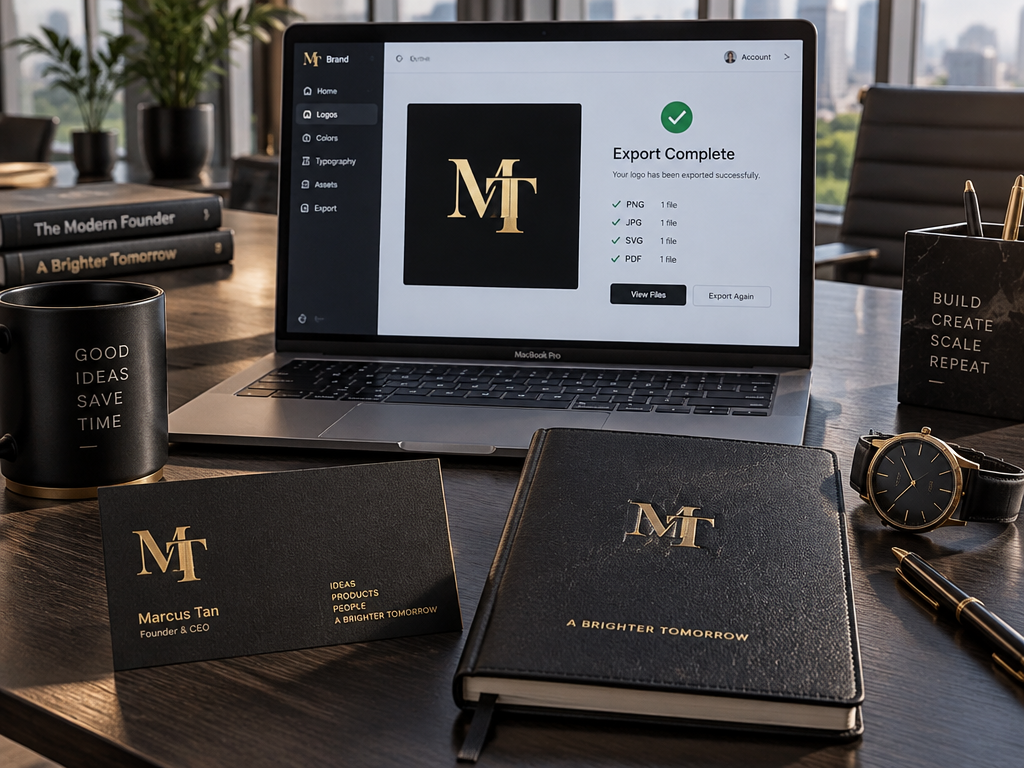 High-tech office desk with instant MT logo download on laptop beside newly branded business cards and notebook