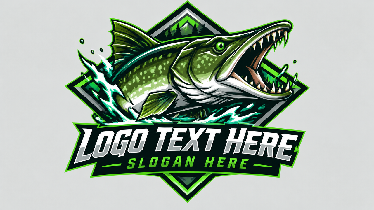 Fierce sports mascot fish logo design with sharp angles and energetic badge for outdoor apparel