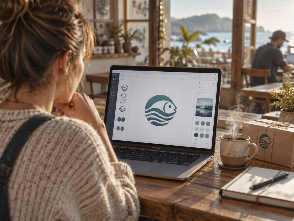 A small business owner smiling at a laptop displaying a modern fish logo in a sunlit cozy cafe workspace