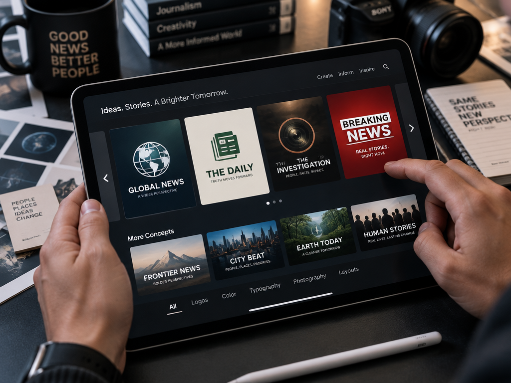Hands swiping through diverse creative news logo concepts on a tablet in a modern newsroom workspace