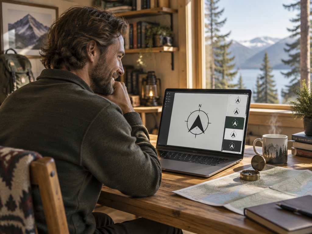 An outdoor entrepreneur reviewing a newly created true north logo on a laptop in a cozy cabin workspace