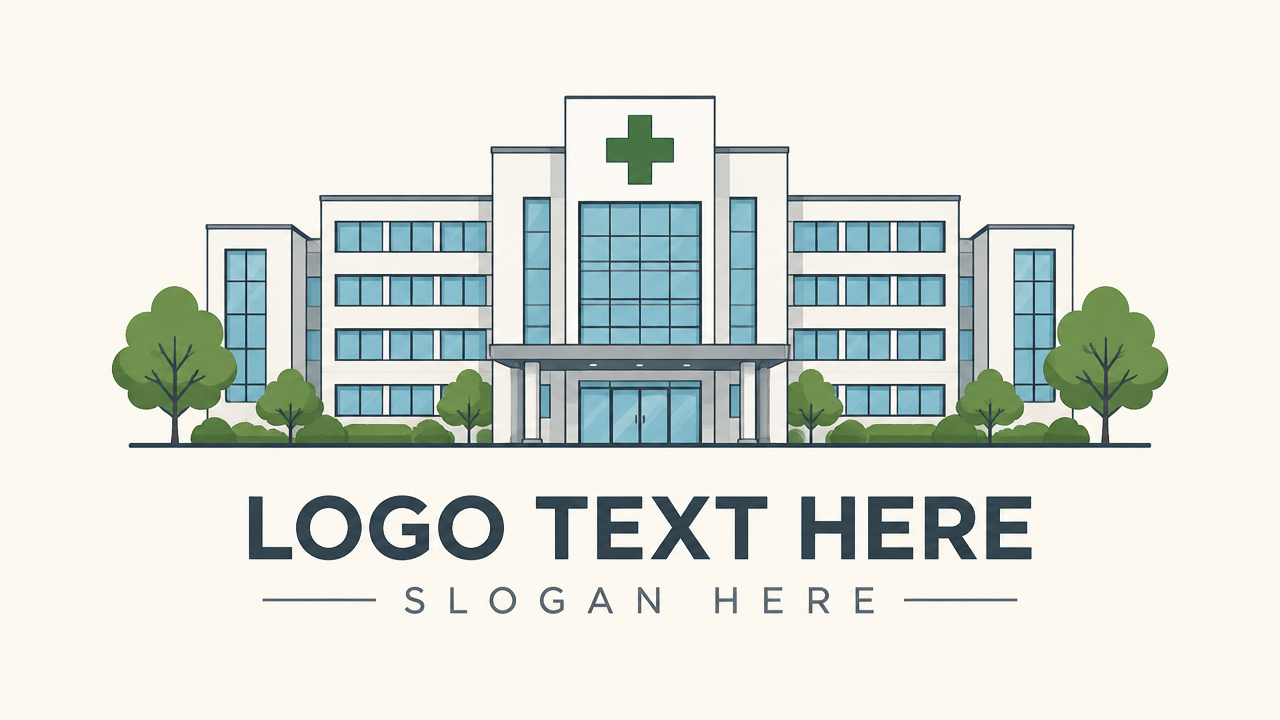 Professional general hospital building architecture logo design with clean medical cross and modern block typography