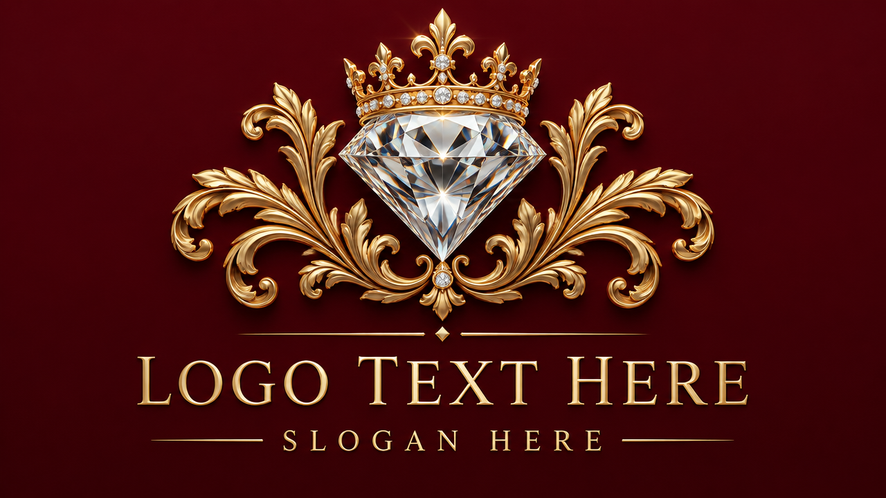 Imperial jewelry crest logo design with a brilliant crowned diamond and golden filigree on burgundy card