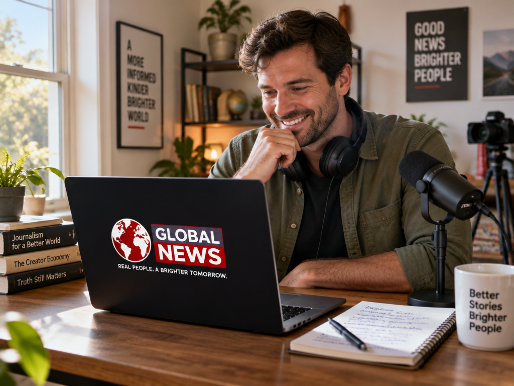 An independent journalist smiling with relief as a professional news logo appears instantly on his laptop screen