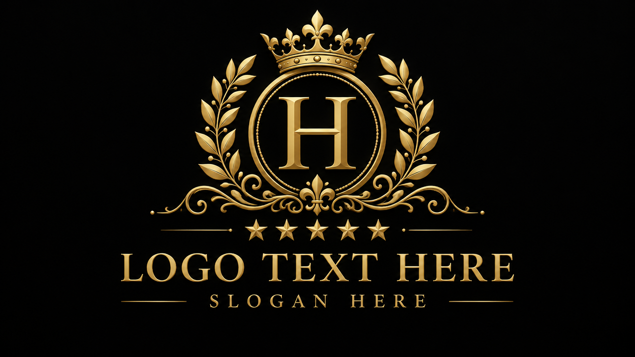 Luxurious 5-star grand hotel logo design with gold heraldic crest and elegant serif typography on black background